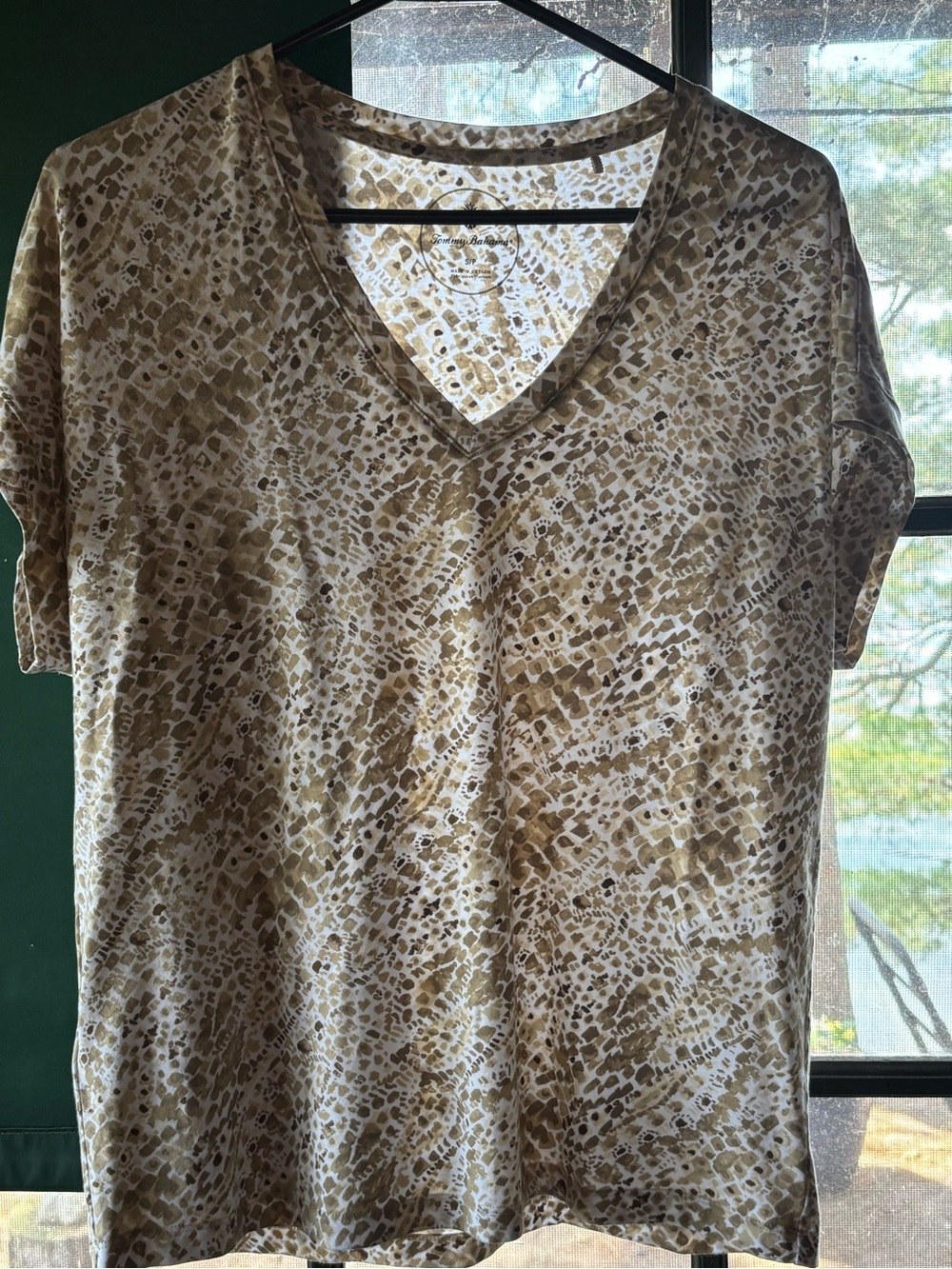 Tommy Bahama Beige and Tan Animal Print V-Neck Short Sleeve Top